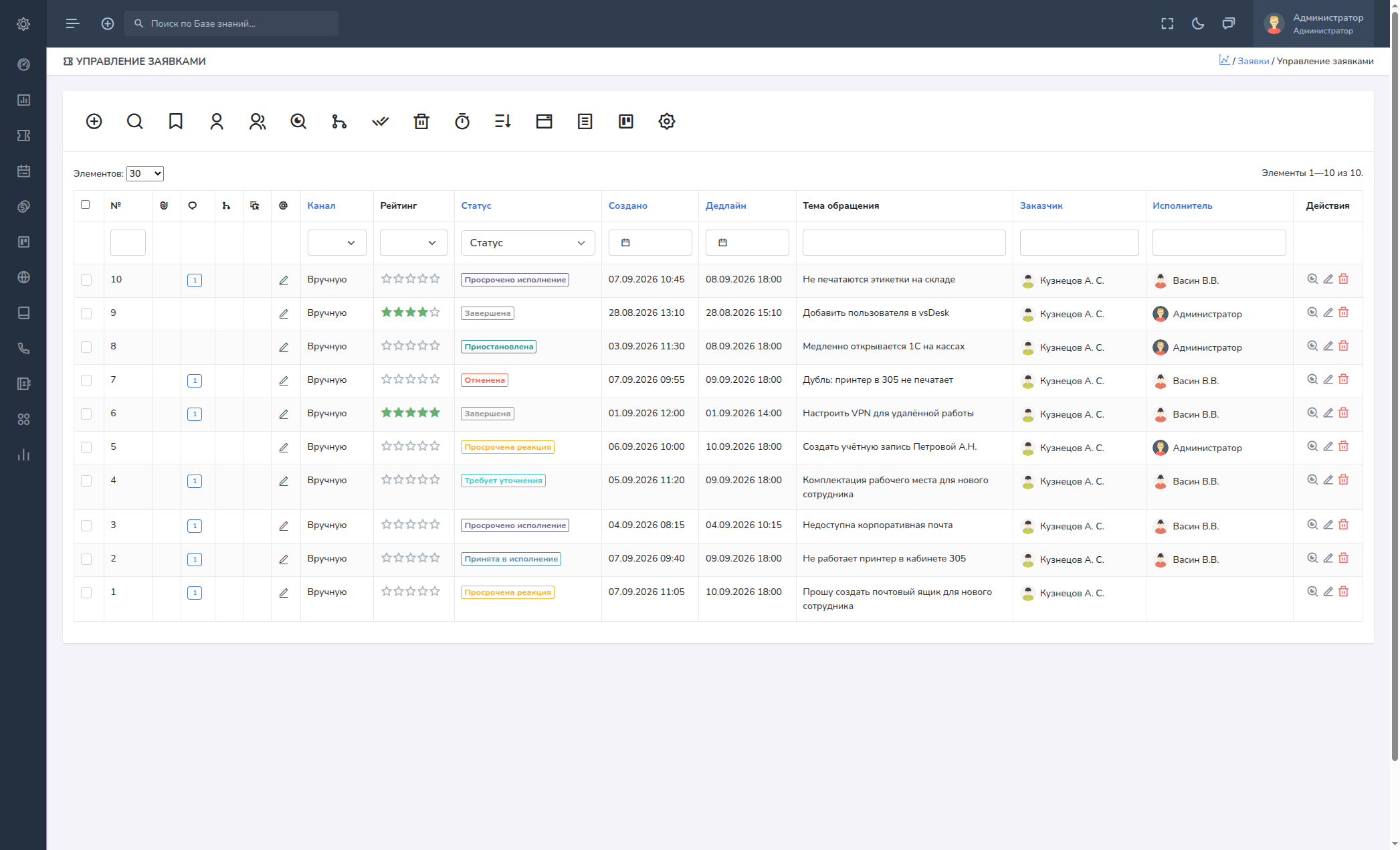 Очередь заявок vsDesk со статусами и дедлайнами